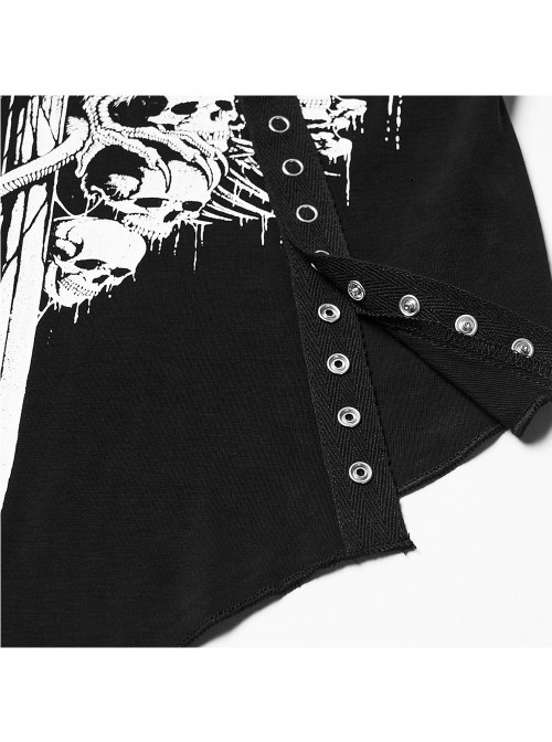 Black Personalized Printed Knit Splicing Mesh Short Sleeves Rebellious Punk Style T-Shirt