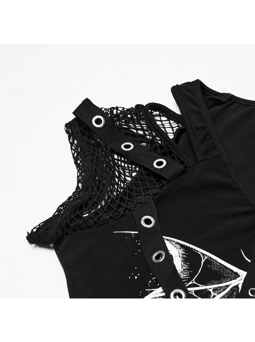Black Personalized Printed Knit Splicing Mesh Short Sleeves Rebellious Punk Style T-Shirt