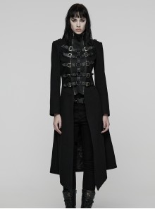 Black Twill Splicing Detachable Mesh Double-Zipper Skeletal Elements Open-Front Stand Collar Punk Style Long Coat