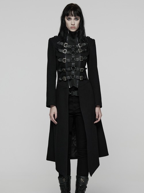 Black Twill Splicing Detachable Mesh Double-Zipper Skeletal Elements Open-Front Stand Collar Punk Style Long Coat