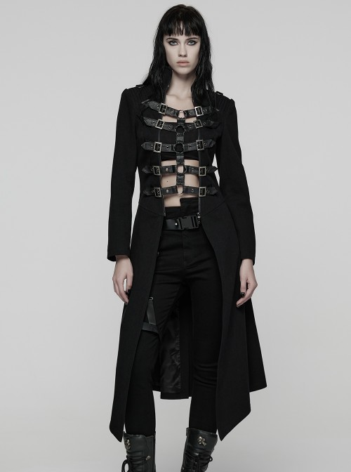 Black Twill Splicing Detachable Mesh Double-Zipper Skeletal Elements Open-Front Stand Collar Punk Style Long Coat