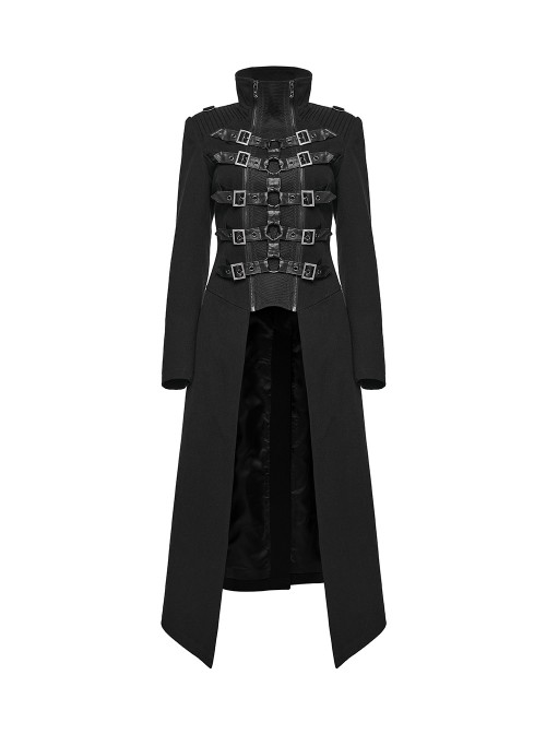 Black Twill Splicing Detachable Mesh Double-Zipper Skeletal Elements Open-Front Stand Collar Punk Style Long Coat