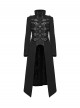 Black Twill Splicing Detachable Mesh Double-Zipper Skeletal Elements Open-Front Stand Collar Punk Style Long Coat