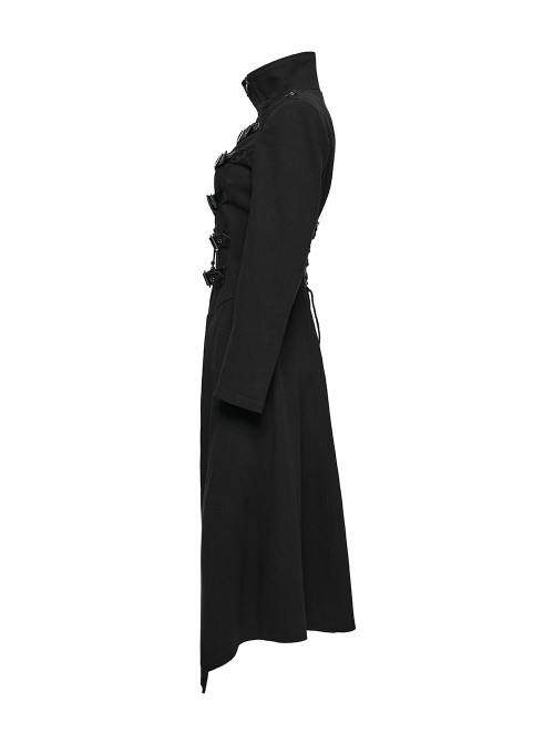 Black Twill Splicing Detachable Mesh Double-Zipper Skeletal Elements Open-Front Stand Collar Punk Style Long Coat