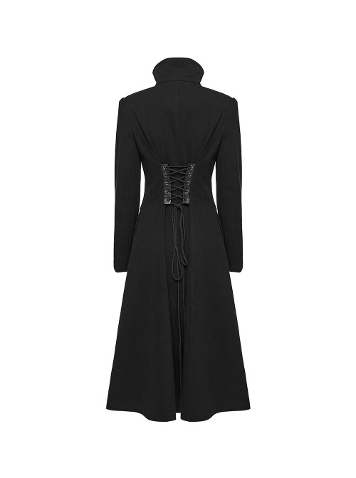 Black Twill Splicing Detachable Mesh Double-Zipper Skeletal Elements Open-Front Stand Collar Punk Style Long Coat