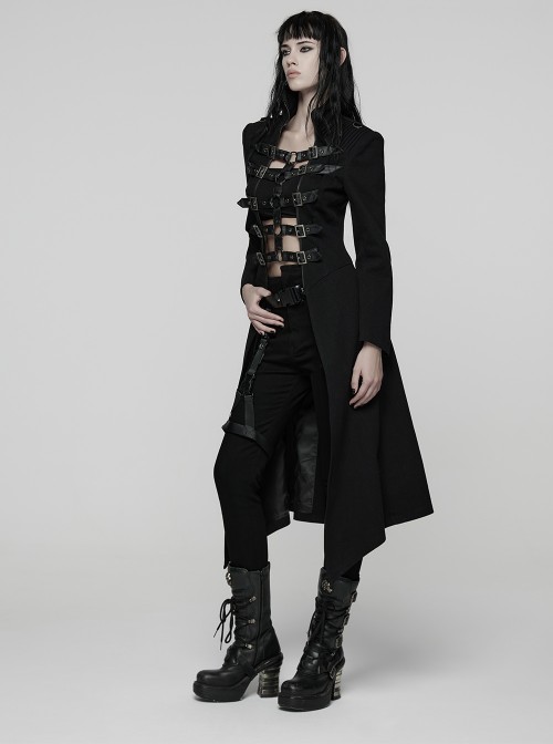 Black Twill Splicing Detachable Mesh Double-Zipper Skeletal Elements Open-Front Stand Collar Punk Style Long Coat