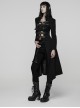 Black Twill Splicing Detachable Mesh Double-Zipper Skeletal Elements Open-Front Stand Collar Punk Style Long Coat