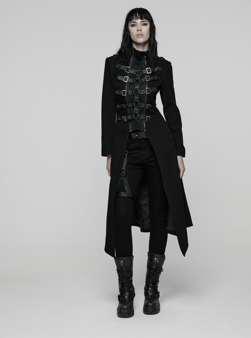 Black Twill Splicing Detachable Mesh Double-Zipper Skeletal Elements Open-Front Stand Collar Punk Style Long Coat