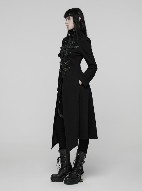 Black Twill Splicing Detachable Mesh Double-Zipper Skeletal Elements Open-Front Stand Collar Punk Style Long Coat