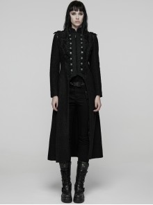 Black Double-Breasted Ram Head Skull Rivets Jacquard Woolen Stand Collar Large A-Line Hem Gothic Style Long Coat