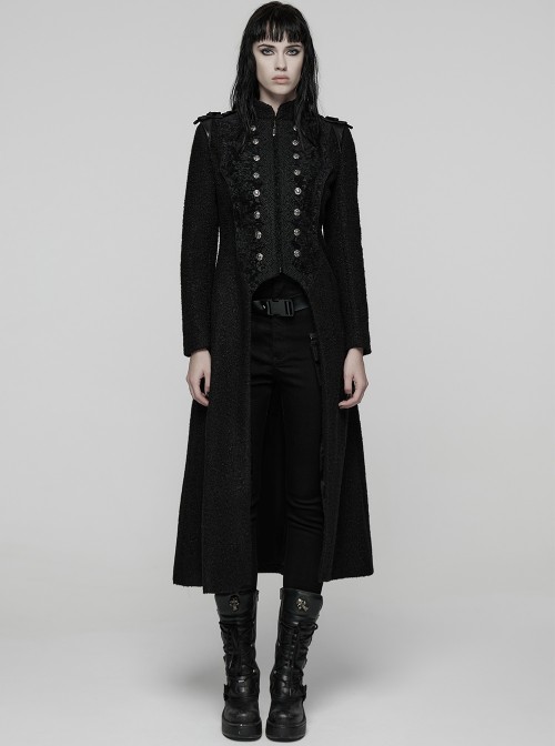 Black Double-Breasted Ram Head Skull Rivets Jacquard Woolen Stand Collar Large A-Line Hem Gothic Style Long Coat