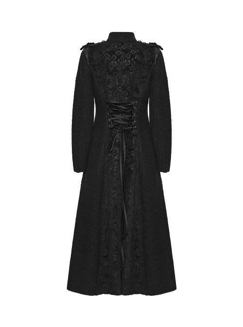Black Double-Breasted Ram Head Skull Rivets Jacquard Woolen Stand Collar Large A-Line Hem Gothic Style Long Coat