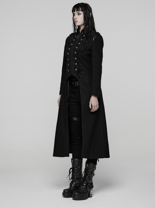 Black Double-Breasted Ram Head Skull Rivets Jacquard Woolen Stand Collar Large A-Line Hem Gothic Style Long Coat