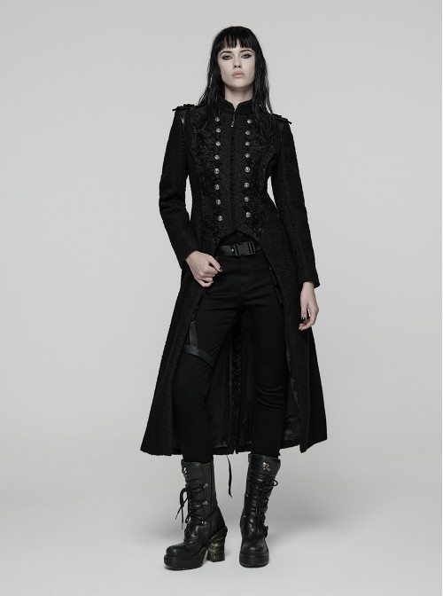 Black Double-Breasted Ram Head Skull Rivets Jacquard Woolen Stand Collar Large A-Line Hem Gothic Style Long Coat