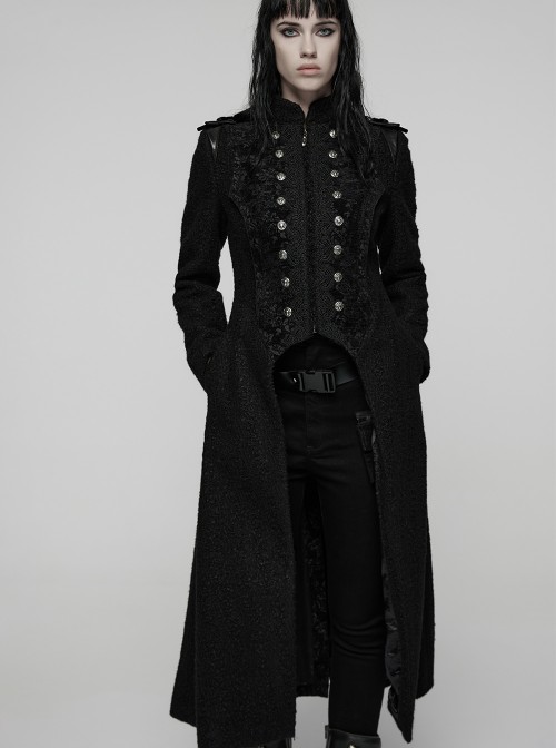 Black Double-Breasted Ram Head Skull Rivets Jacquard Woolen Stand Collar Large A-Line Hem Gothic Style Long Coat