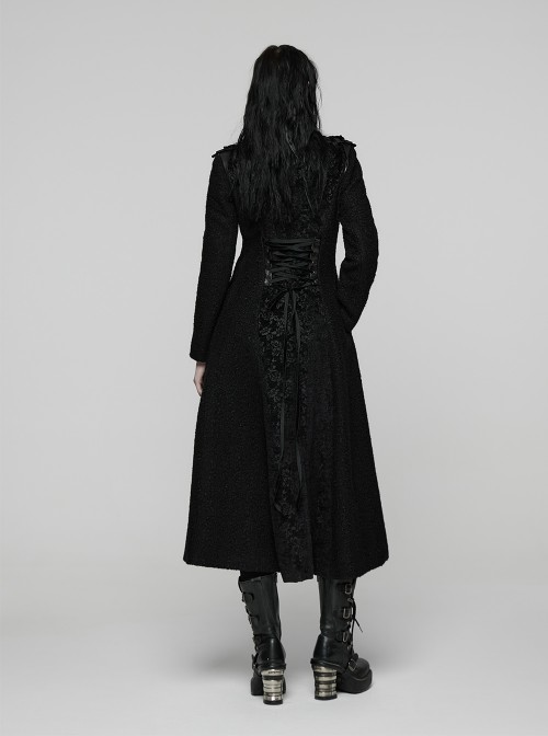 Black Double-Breasted Ram Head Skull Rivets Jacquard Woolen Stand Collar Large A-Line Hem Gothic Style Long Coat