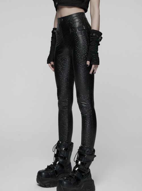 Black Stripe Stretch Rubberized Knitted Simple Skinny Gothic Style Leggings