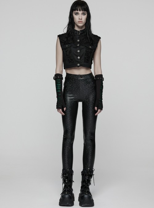 Black Stripe Stretch Rubberized Knitted Simple Skinny Gothic Style Leggings