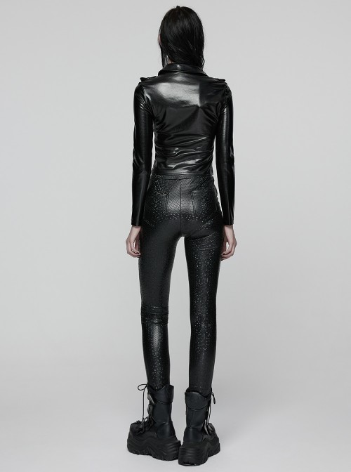Black Stripe Stretch Rubberized Knitted Simple Skinny Gothic Style Leggings