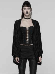 Black Ragged Stretch Knit Wide Sleeves Simple Loose Decadent Punk Style Cardigan