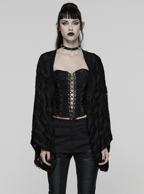 Black Ragged Stretch Knit Wide Sleeves Simple Loose Decadent Punk Style Cardigan