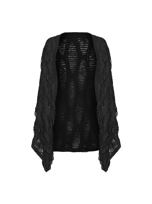 Black Ragged Stretch Knit Wide Sleeves Simple Loose Decadent Punk Style Cardigan