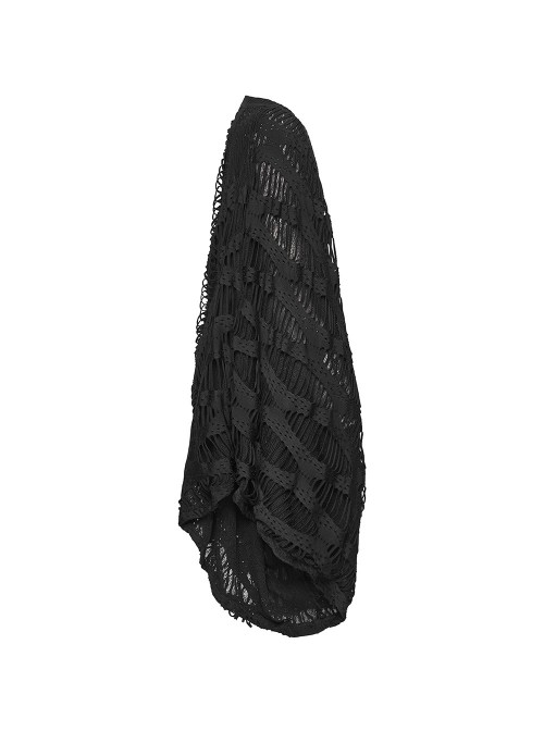 Black Ragged Stretch Knit Wide Sleeves Simple Loose Decadent Punk Style Cardigan
