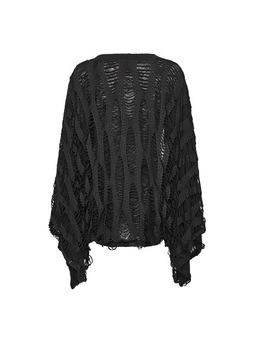 Black Ragged Stretch Knit Wide Sleeves Simple Loose Decadent Punk Style Cardigan