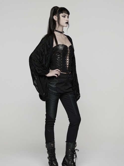 Black Ragged Stretch Knit Wide Sleeves Simple Loose Decadent Punk Style Cardigan
