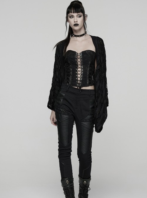 Black Ragged Stretch Knit Wide Sleeves Simple Loose Decadent Punk Style Cardigan