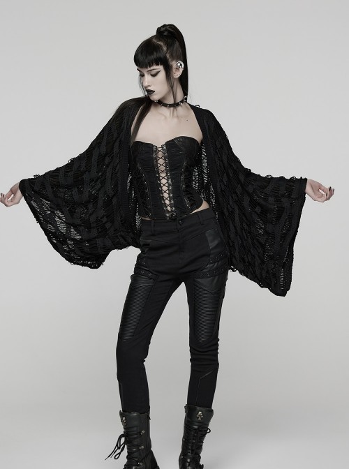 Black Ragged Stretch Knit Wide Sleeves Simple Loose Decadent Punk Style Cardigan