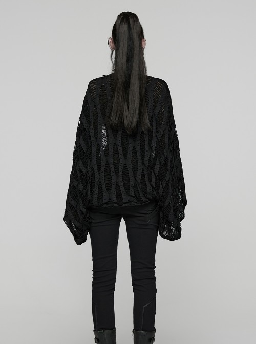 Black Ragged Stretch Knit Wide Sleeves Simple Loose Decadent Punk Style Cardigan