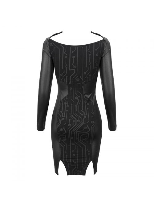 Black Circuit Board Pattern Printed Fake Girdle Lace-Up Long Sleeve Punk Tight Dress