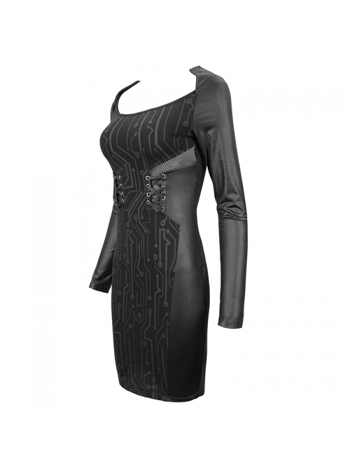 Black Circuit Board Pattern Printed Fake Girdle Lace-Up Long Sleeve Punk Tight Dress