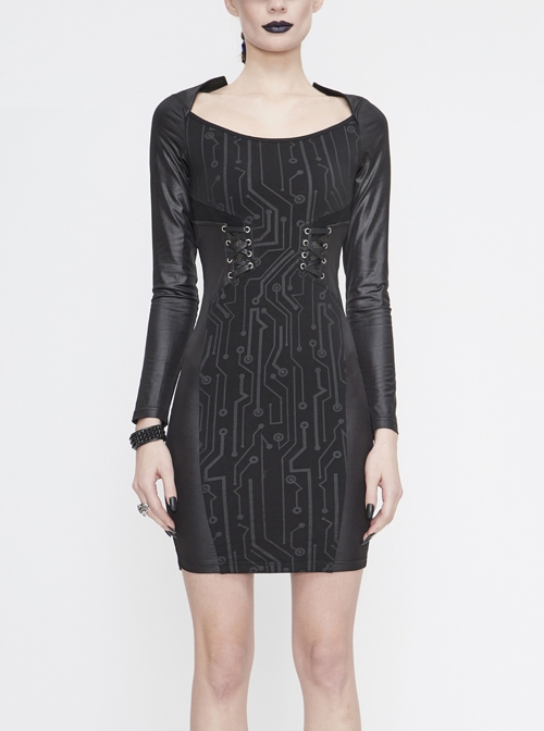 Black Circuit Board Pattern Printed Fake Girdle Lace-Up Long Sleeve Punk Tight Dress