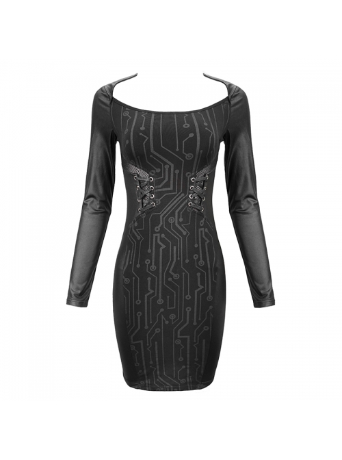 Black Circuit Board Pattern Printed Fake Girdle Lace-Up Long Sleeve Punk Tight Dress