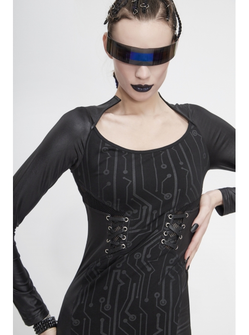 Black Circuit Board Pattern Printed Fake Girdle Lace-Up Long Sleeve Punk Tight Dress
