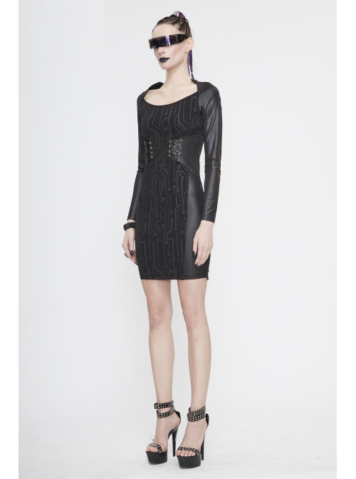 Black Circuit Board Pattern Printed Fake Girdle Lace-Up Long Sleeve Punk Tight Dress
