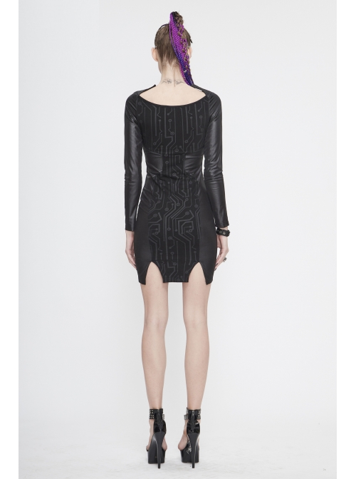 Black Circuit Board Pattern Printed Fake Girdle Lace-Up Long Sleeve Punk Tight Dress