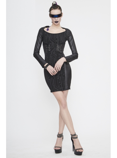 Black Circuit Board Pattern Printed Fake Girdle Lace-Up Long Sleeve Punk Tight Dress