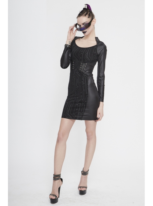 Black Circuit Board Pattern Printed Fake Girdle Lace-Up Long Sleeve Punk Tight Dress