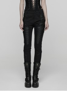 Black Twill Splicing Leather-Like 3D Unique Lines Design Cool Techwear Punk Style Trousers
