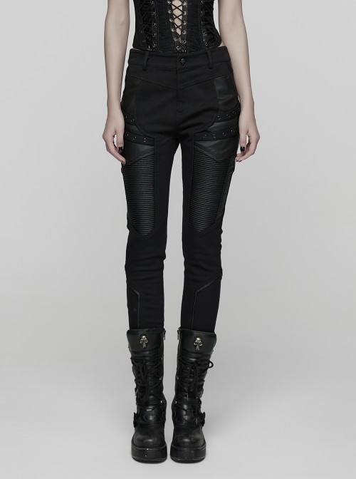 Black Twill Splicing Leather-Like 3D Unique Lines Design Cool Techwear Punk Style Trousers