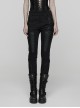 Black Twill Splicing Leather-Like 3D Unique Lines Design Cool Techwear Punk Style Trousers