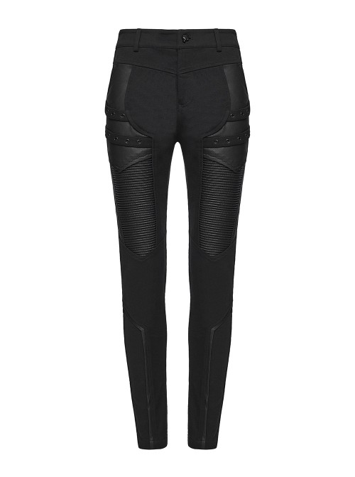 Black Twill Splicing Leather-Like 3D Unique Lines Design Cool Techwear Punk Style Trousers