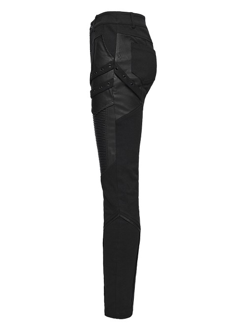 Black Twill Splicing Leather-Like 3D Unique Lines Design Cool Techwear Punk Style Trousers