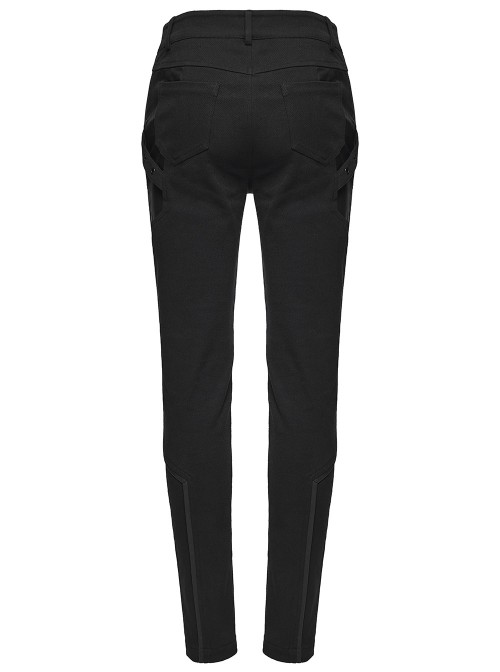 Black Twill Splicing Leather-Like 3D Unique Lines Design Cool Techwear Punk Style Trousers