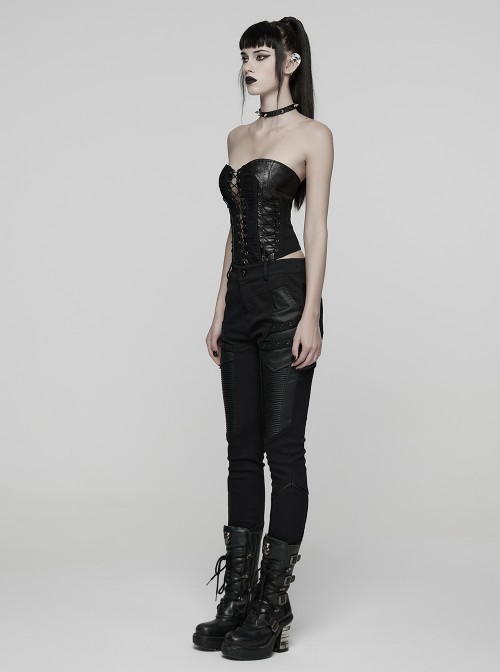 Black Twill Splicing Leather-Like 3D Unique Lines Design Cool Techwear Punk Style Trousers