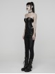 Black Twill Splicing Leather-Like 3D Unique Lines Design Cool Techwear Punk Style Trousers