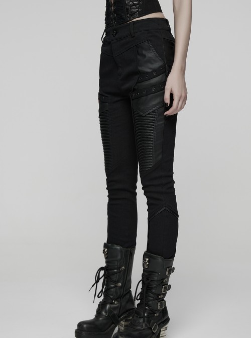 Black Twill Splicing Leather-Like 3D Unique Lines Design Cool Techwear Punk Style Trousers